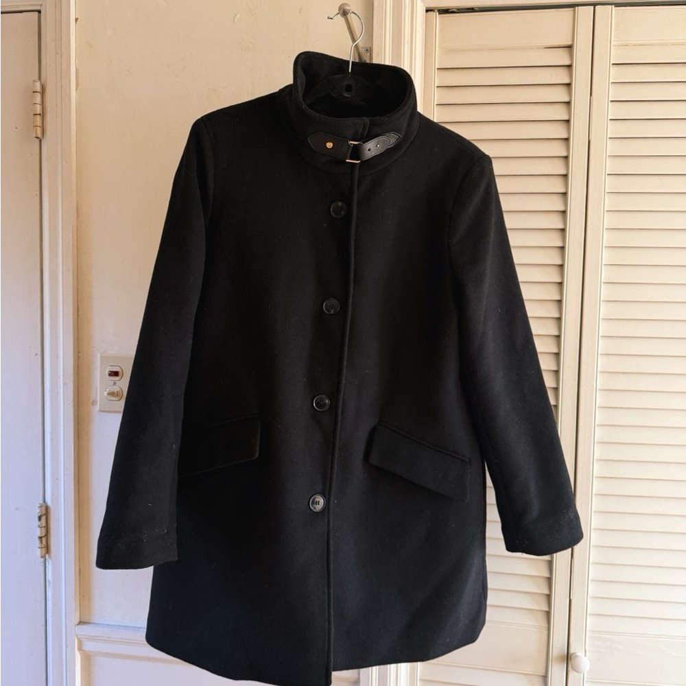 Black Mid-Length Pea Coat with High Collar and Relaxed Fit